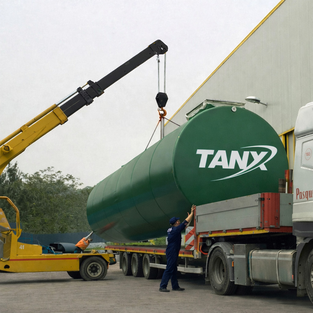 serbatorio antincendio Ital Tenx durante il carico sul cassone del tir