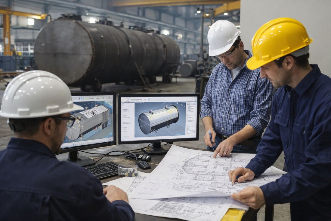 ingegneri mentre progettano serbatoi TANX in azienda