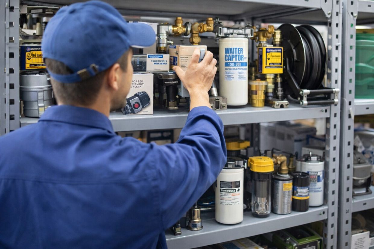 magaziniere mentre prende i pezzi di ricambio TANX dallo scaffale